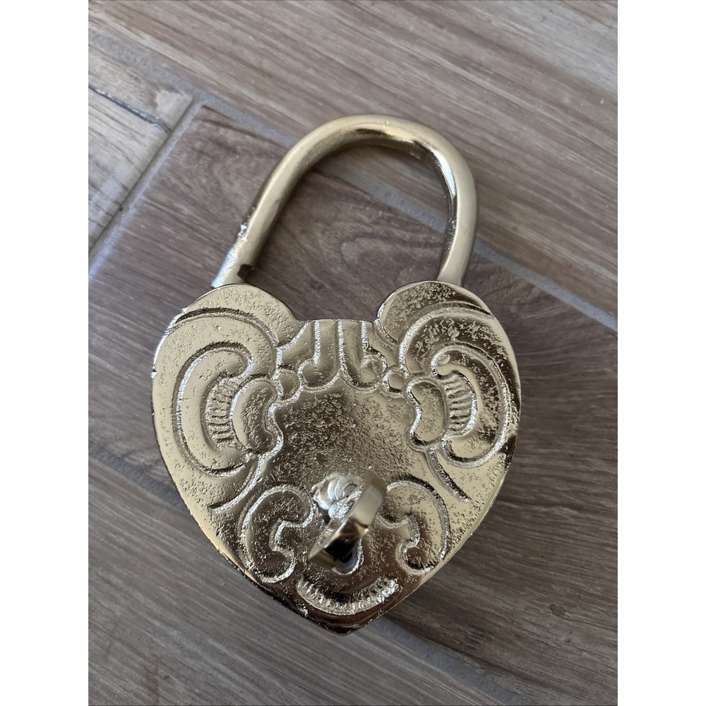 Brass Heart Shape Lock & Skeleton Key Pressed Gold XL Valetine's Day Decor 8"